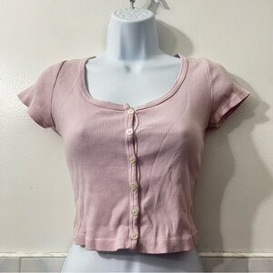 Brandy Melville Pink Ribbed Henley Baby Tee Cropped Top One Size Y2K 90s Vintage
